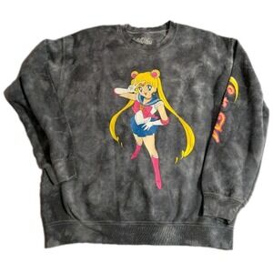 Sailor Moon Acid Wash Crewneck Sweatshirt Anime Graphic Pullover Gray Size...